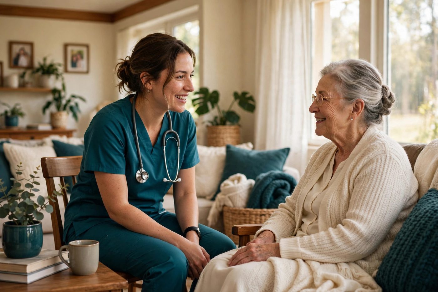 A caregiver in teal scrubs talking with a senior client in her home